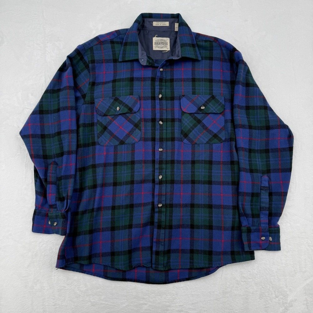VTG Saugatuck Dry Goods Quilted Lined Flannel Sz Lg Blue Green Shacket